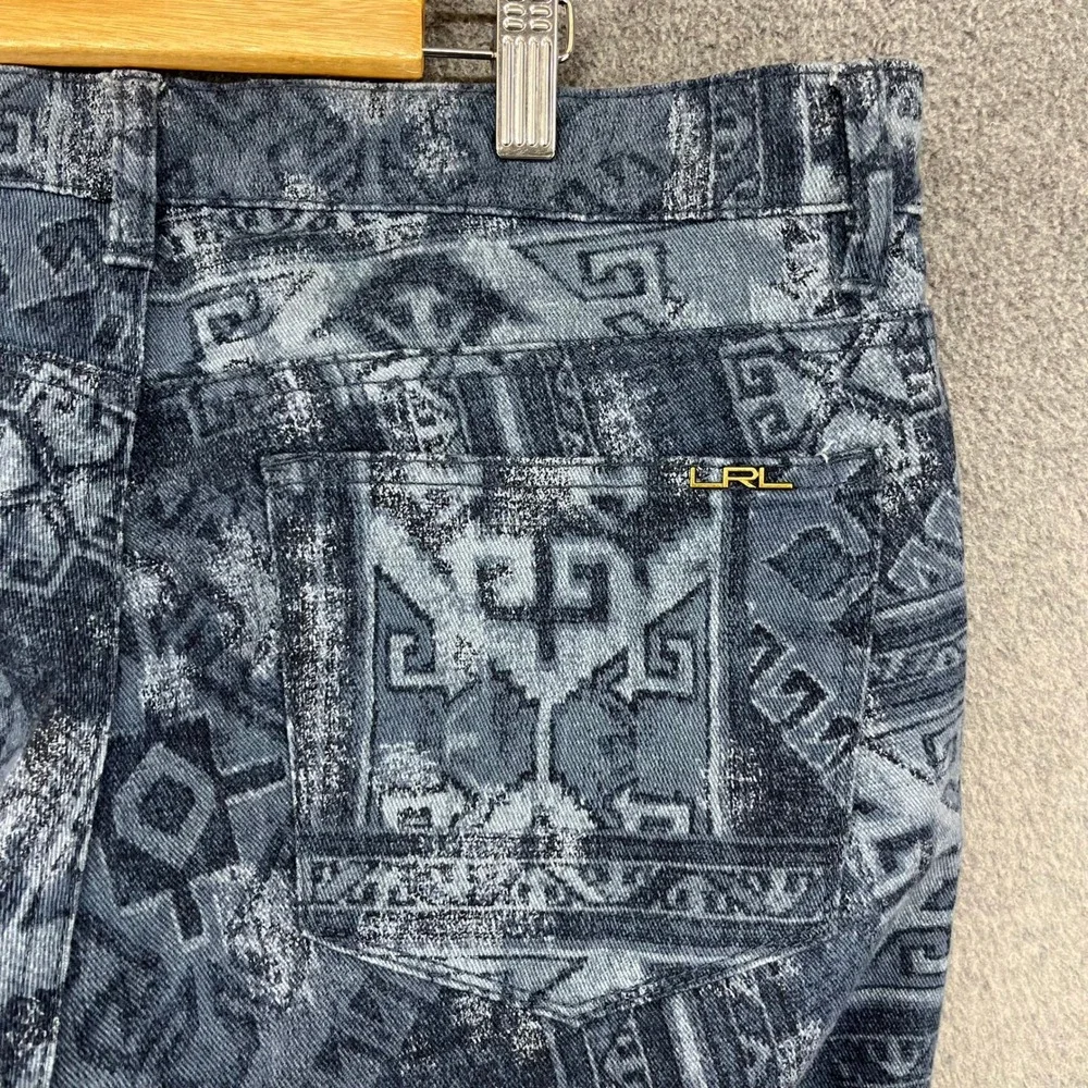 Lauren Ralph Lauren Straight Pants Women 12 Blue Southwestern Tribal Print Denim